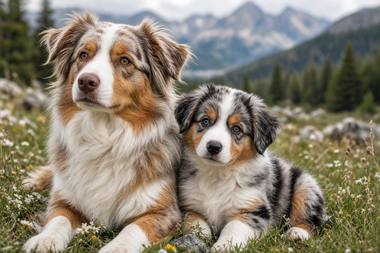 Australian Shepherd poster, Adult and Puppy