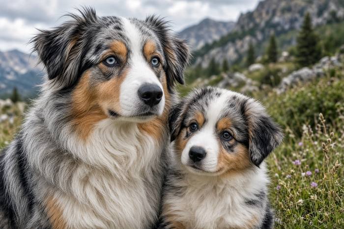 Australian Shepherd (Merle) poster, Adult and Puppy