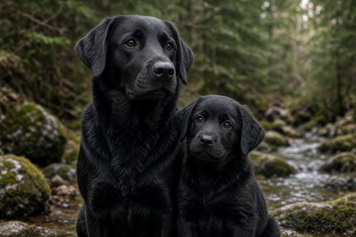 Black Labrador poster, Adult and Puppy