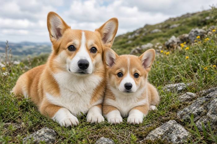 Corgi poster, Adult and Puppy