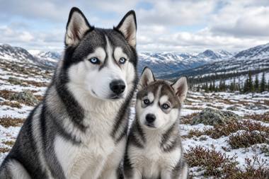 Siberian Husky poster, Adult and Puppy
