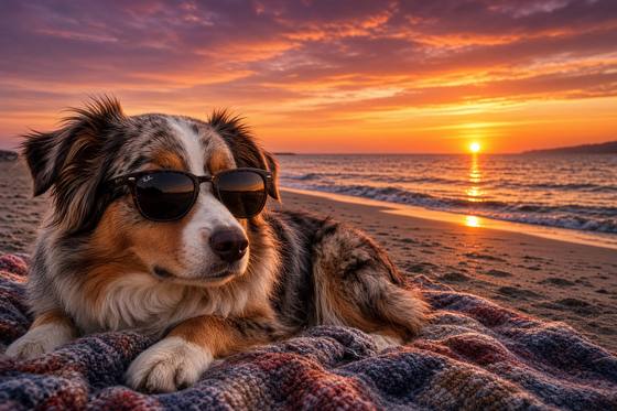 Australian Shepherd (Merle) poster, Beach Day Dogs