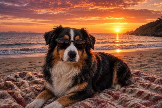 Australian Shepherd (Tricolor) poster, Beach Day Dogs