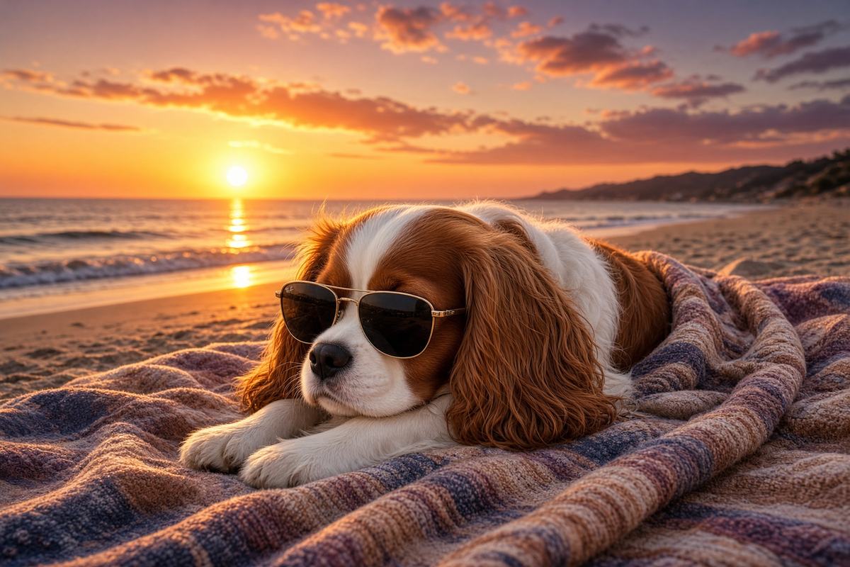 Cavalier King Charles poster, Beach Day Dogs