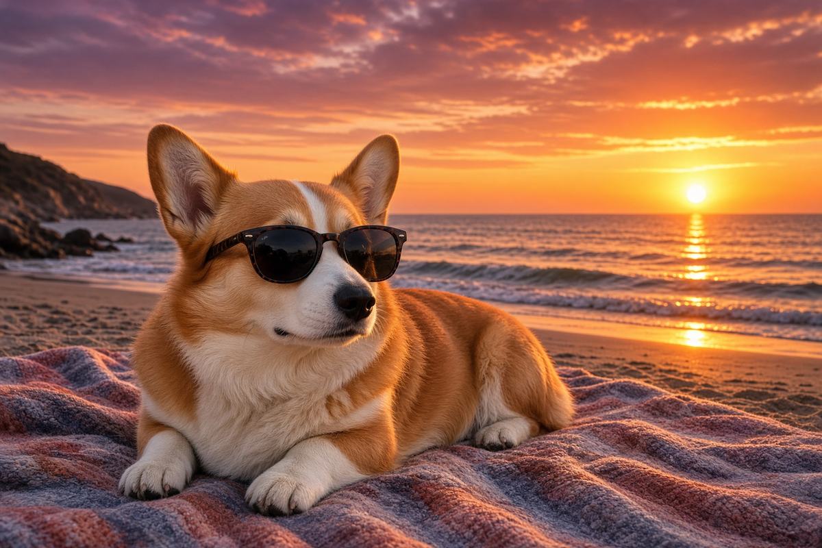 Corgi poster, Beach Day Dogs
