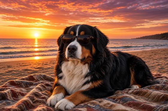 Bernese Mountain Dog poster, Beach Day Dogs