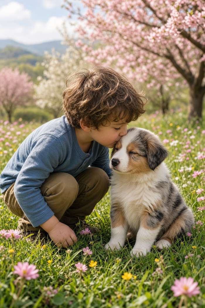 Australian Shepherd poster, Boy and Puppy