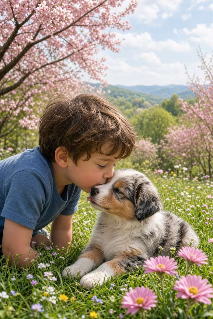 Australian Shepherd (Merle) poster, Boy and Puppy