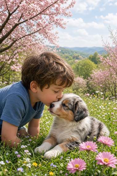 Australian Shepherd (Merle) poster, Boy and Puppy