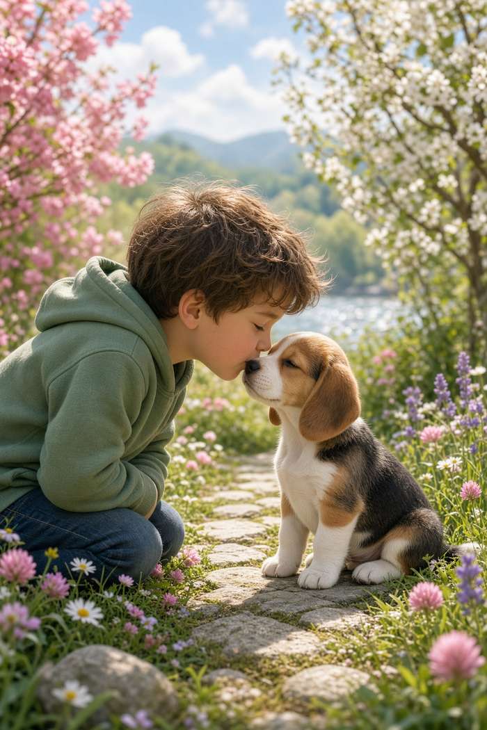 Beagle poster, Boy and Puppy