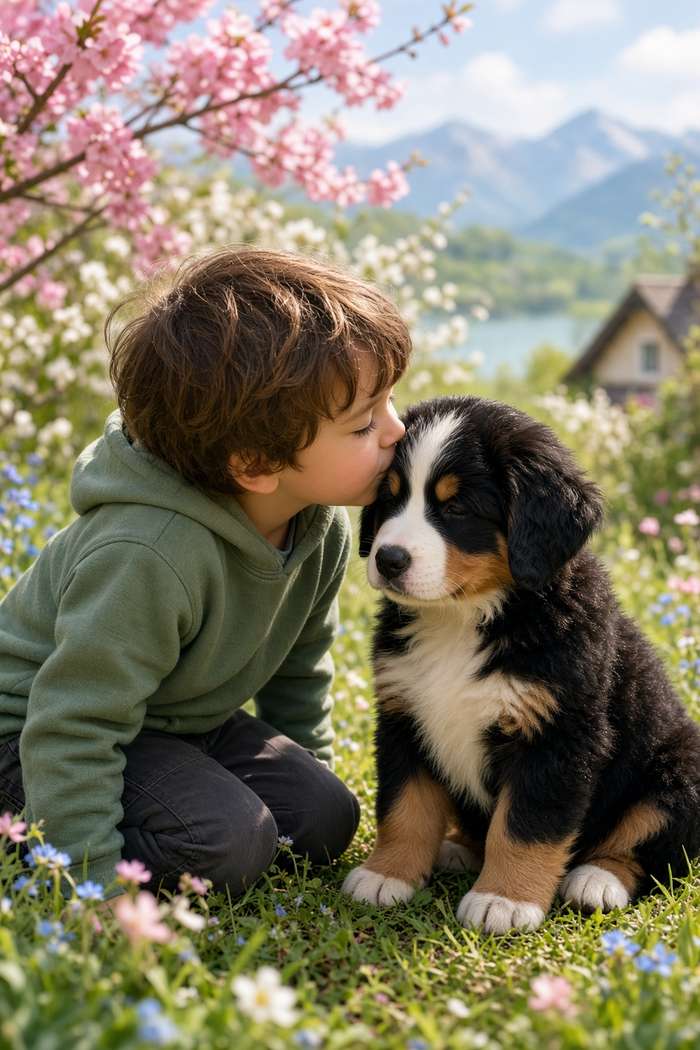 Bernese Mountain Dog poster, Boy and Puppy