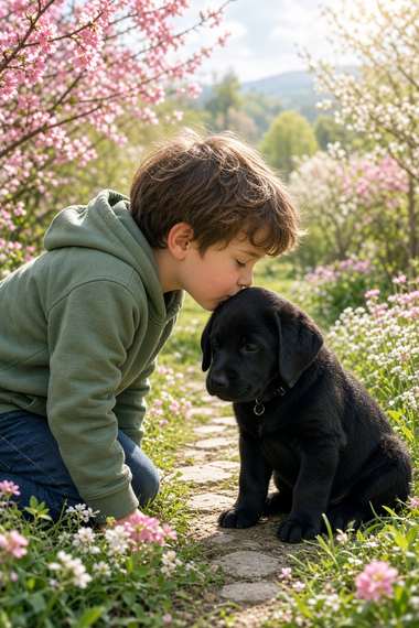 Black Labrador poster, Boy and Puppy
