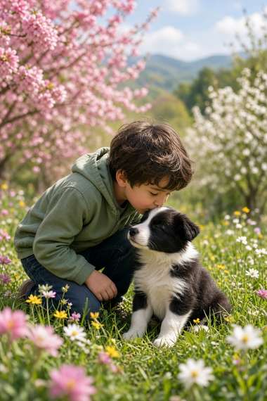 Border Collie poster, Boy and Puppy