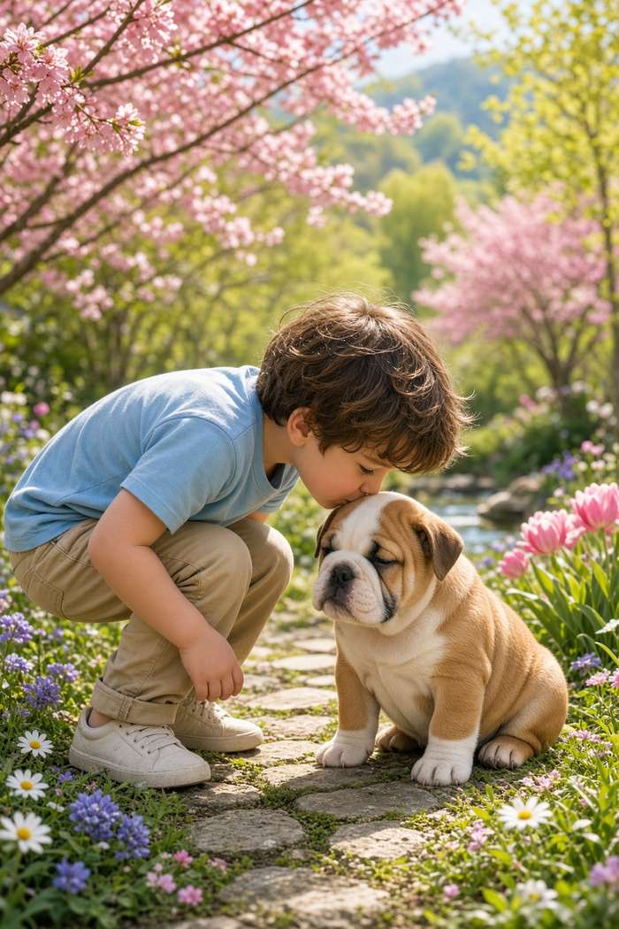 Bulldog poster, Boy and Puppy