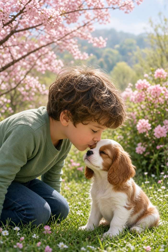 Cavalier King Charles poster, Boy and Puppy