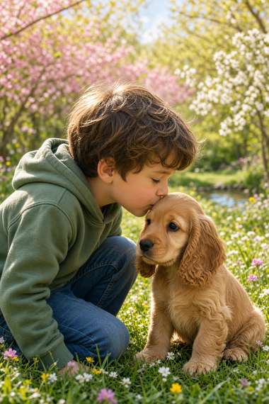 Cocker Spaniel poster, Boy and Puppy