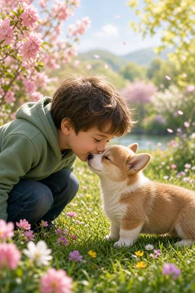 Corgi poster, Boy and Puppy