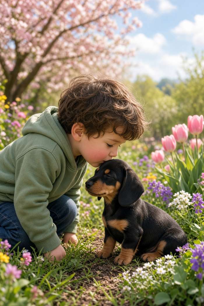Dachshund poster, Boy and Puppy