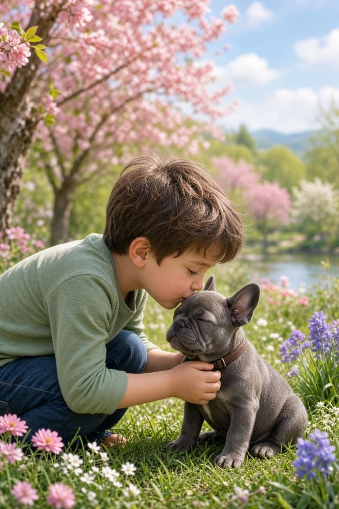 French Bulldog poster, Boy and Puppy