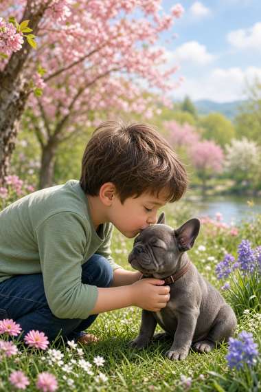 French Bulldog poster, Boy and Puppy