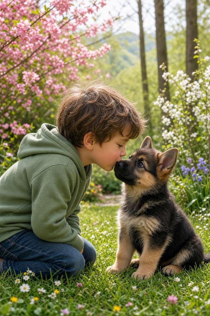 German Shepherd poster, Boy and Puppy