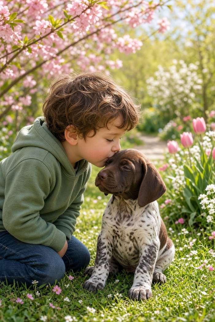 German Shorthaired Pointer poster, Boy and Puppy