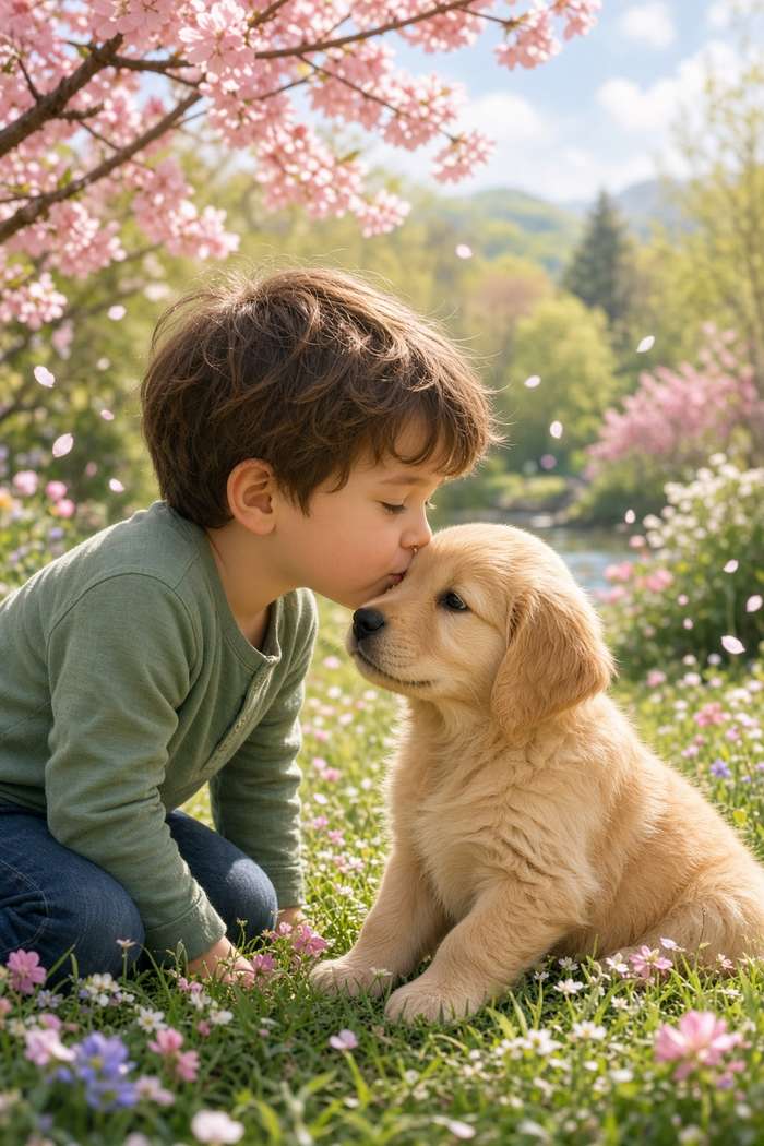 Golden Retriever poster, Boy and Puppy