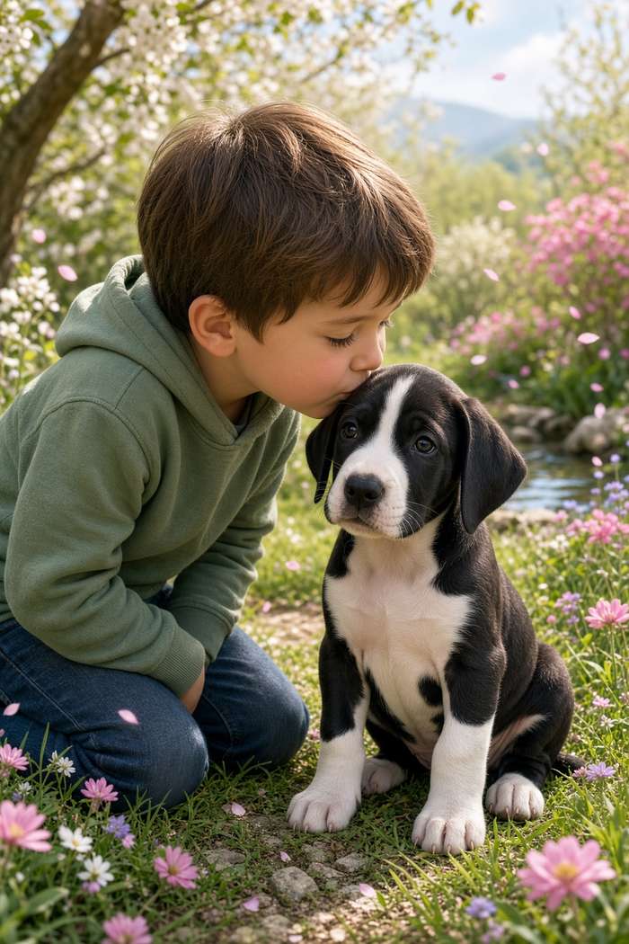 Great Dane poster, Boy and Puppy