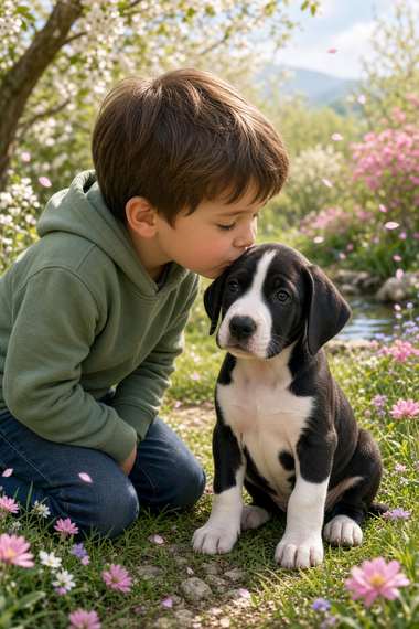Great Dane poster, Boy and Puppy