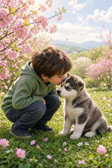 Siberian Husky poster, Boy and Puppy