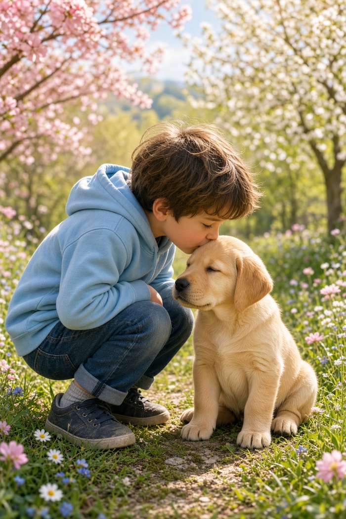 Labrador poster, Boy and Puppy