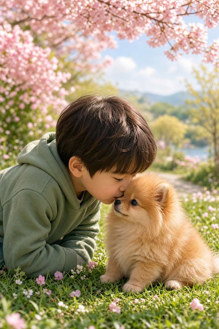 Pomeranian poster, Boy and Puppy