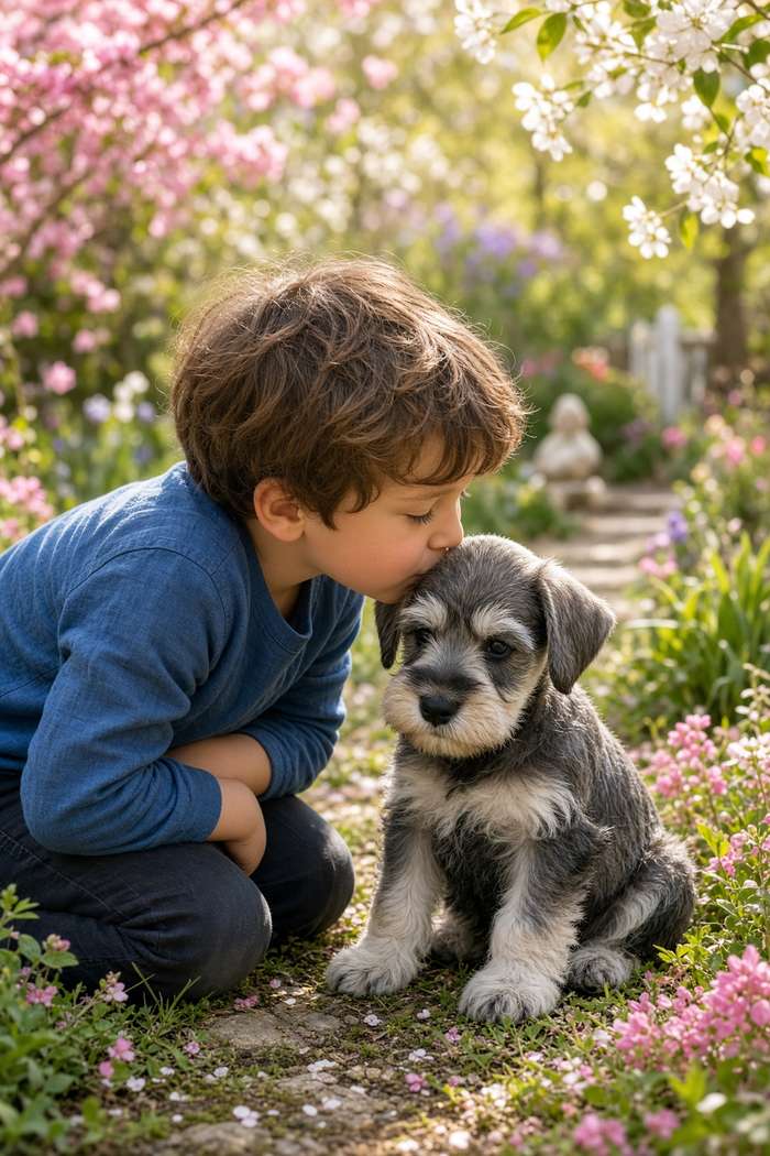 Schnauzer poster, Boy and Puppy