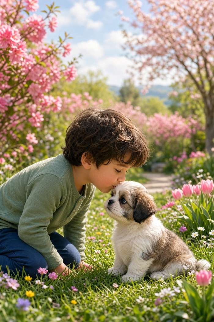 Shih Tzu poster, Boy and Puppy