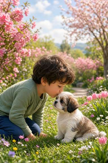 Shih Tzu poster, Boy and Puppy