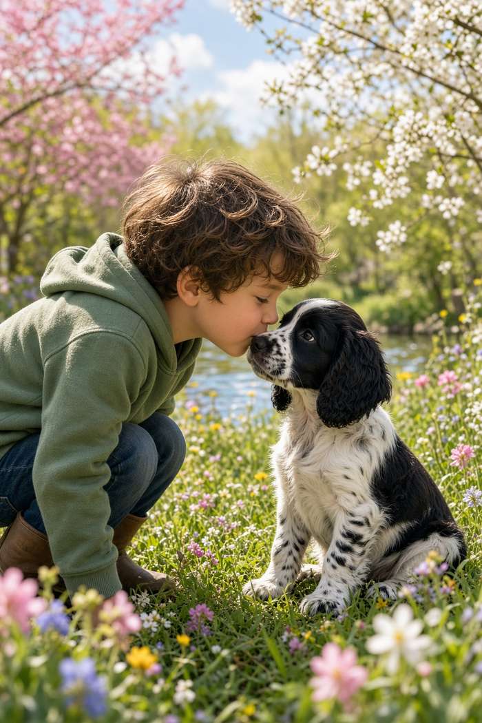 Springer Spaniel poster, Boy and Puppy