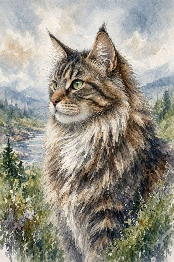 Maine Coon poster, Watercolor Cats