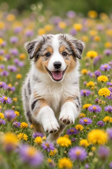 Australian Shepherd poster, Flower Puppies