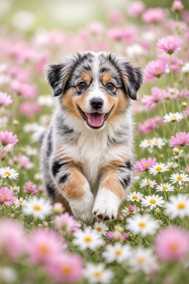 Australian Shepherd (Merle) poster, Flower Puppies