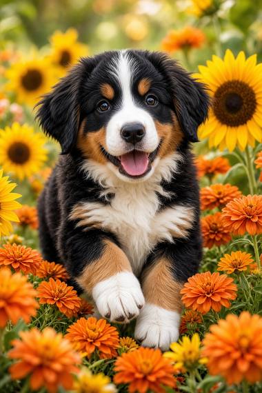 Bernese Mountain Dog poster, Flower Puppies