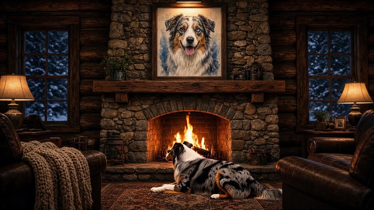 A watercolor Australian Shepherd poster framed above a stone fireplace in a cozy log cabin, with a dog settled by the fire